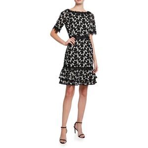 Shani Short-Sleeve Embroidered Lace Dress in Black & White NWT Size 12